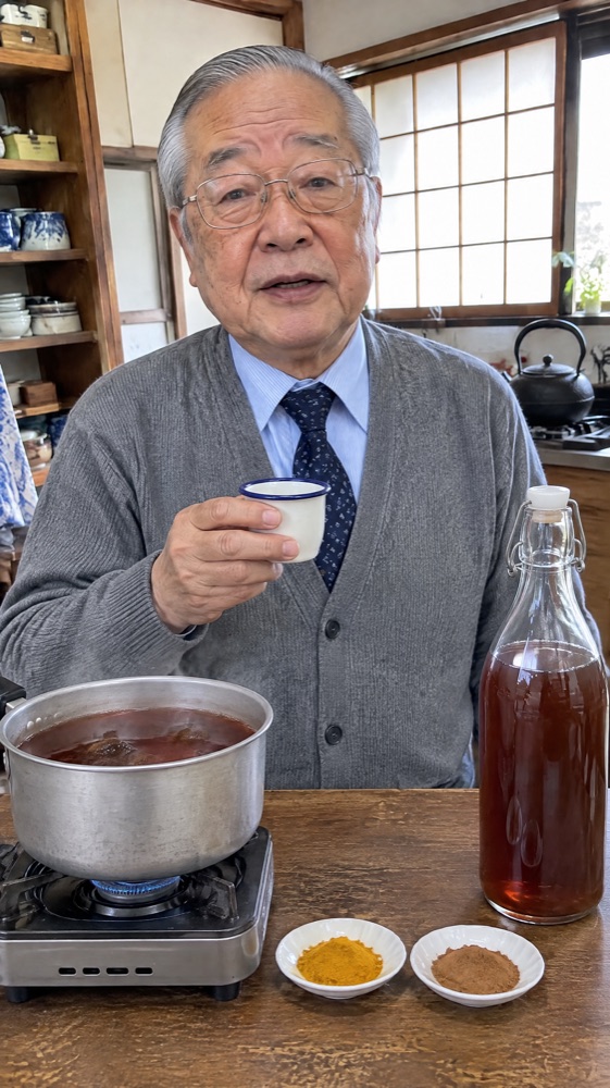 Roberto Kuroda en su cocina con un preparado casero